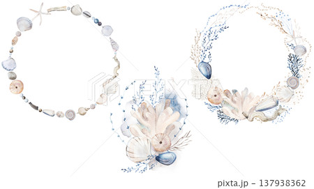 Watercolor clipart with pastel seashells and plants, illustration for coastal wedding stationery Watercolor clipart with pastel seashells and plants, illustration for coastal wedding stationery 137938362