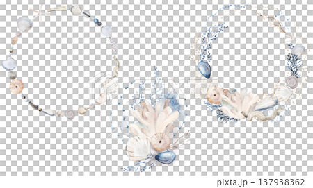 Watercolor clipart with pastel seashells and plants, illustration for coastal wedding stationery 137938362