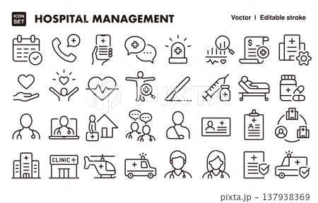 医療機関の運営管理アイコンセット(細線・ベクター素材)医療、クリニック、病院マネジメント素材 医療機関の運営管理アイコンセット(細線・ベクター素材)医療、クリニック、病院マネジメント素材 137938369