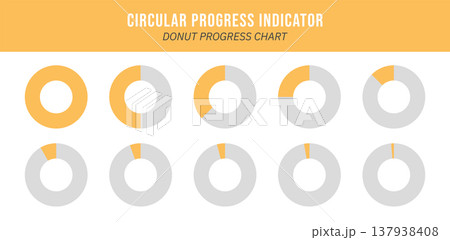 Circular progress indicator set. Donut progress charts and ring loading diagrams with percentage steps for infographic, dashboard, interface or presentation. Vector illustration. 137938408