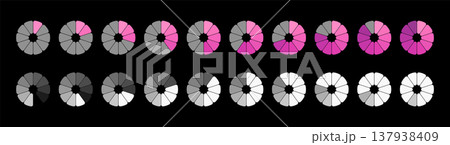 Circular segmented progress chart set. Radial donut loading indicators and ring percentage diagrams for interface, infographic, data visualization or presentation. Vector illustration. Circular segmented progress chart set. Radial donut loading indicators and ring percentage diagrams for interface, infographic, data visualization or presentation. Vector illustration. 137938409