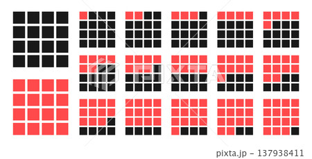 Square progress block chart set. Segmented grid diagrams and pixel percentage indicators for infographic, interface, app design or presentation. Vector illustration. 137938411