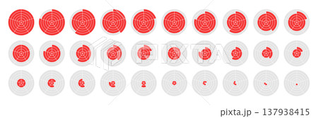 Radar progress chart set. Circular target diagrams and segmented radial percentage indicators for infographic, dashboard, data visualization or interface design. Vector illustration. 137938415