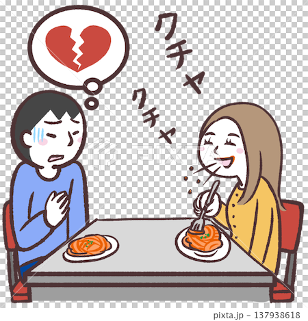 一幅插圖,描繪的是一位男士因女士咀嚼聲音過大而感到失望。 一幅插圖,描繪的是一位男士因女士咀嚼聲音過大而感到失望。 137938618