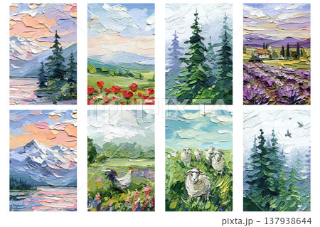 Impasto landscape painting set with mountains pine trees poppies lavender sheep and rooster in pastel countryside scenes Impasto landscape painting set with mountains pine trees poppies lavender sheep and rooster in pastel countryside scenes 137938644