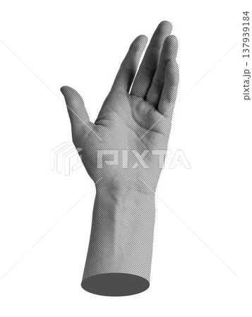Halftone female hand with open palm in reaching gesture. Realistic vector hand outstretched arm palm up isolated on white background Halftone female hand with open palm in reaching gesture. Realistic vector hand outstretched arm palm up isolated on white background 137939184