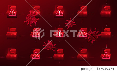 Technology background digital document files with security alerts for malware, viruses, and phishing attacks, representing cyber threat detection, data protection, cybersecurity warning systems 137939374
