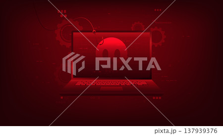 Cyber security concept laptop with a skull hooked by a phishing line, representing malware attacks, data theft, hacking threats, online fraud, and digital security risks in modern networks. 137939376