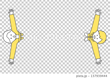 A frame showing a man and woman in suits with their arms outstretched and looking upwards | Top-down view 137939444