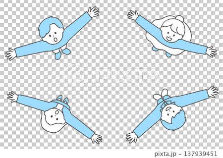 畫面中，一男一女放鬆地伸展雙臂，仰望天空 | 俯視圖 137939451