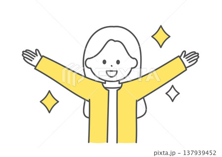 両手を斜め上に上げる笑顔のビジネスウーマンの上半身イラスト 137939452