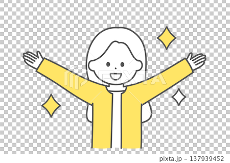 一位微笑的女商人的上半身插圖，雙臂向上斜舉。 137939452