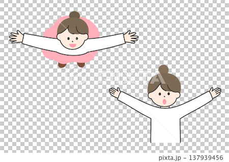 A young woman with her arms outstretched | Front view and top view 137939456