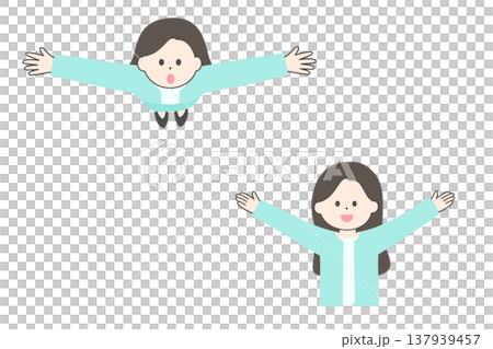 Woman in a suit with arms outstretched | Front view and top view 137939457