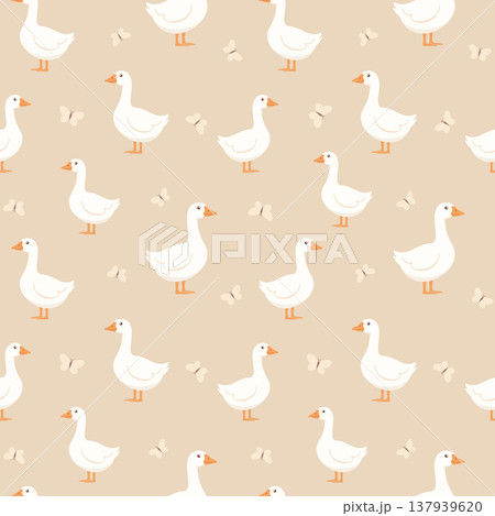 Seamless pattern with white geese and butterflies on a light background. 137939620