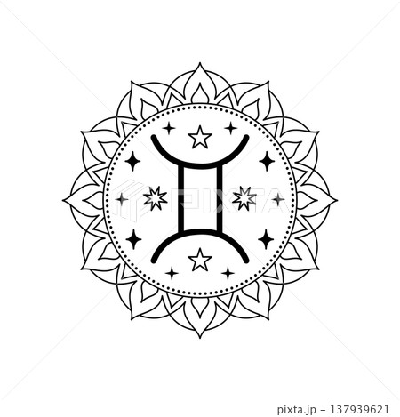 Gemini zodiac sign in line art style with mandala frame on white Gemini zodiac sign in line art style with mandala frame on white 137939621