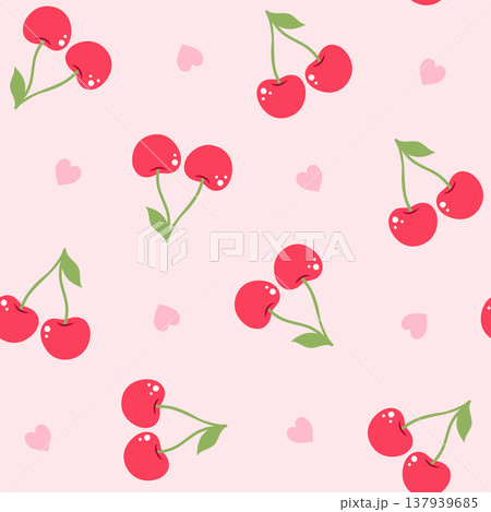 Seamless pattern with red cherries and pink hearts on light pink background, romantic repeat print Seamless pattern with red cherries and pink hearts on light pink background, romantic repeat print 137939685