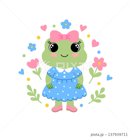 Frog girl character in a blue polka dot dress with flowers. Kawaii animal vector illustration for design projects. Frog girl character in a blue polka dot dress with flowers. Kawaii animal vector illustration for design projects. 137939711