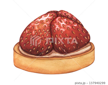 A round strawberry tart. Watercolor illustration of Strawberry cake isolated. Fresh strawberries are piled high on a cake. Illustration sweet dessert with strawberries for menu, labels 137940299