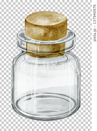 Bottle watercolor illustration of transparent glass jar with cork lid and vintage form. Container on isolated background for packaging design, cosmetic branding, apothecary labels and craft projects. Bottle watercolor illustration of transparent glass jar with cork lid and vintage form. Container on isolated background for packaging design, cosmetic branding, apothecary labels and craft projects. 137940976
