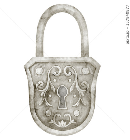 Lock watercolor illustration of vintage padlock with keyhole and ornamental details, metal security object. Antique element on isolated background for protection concepts, retro design. Lock watercolor illustration of vintage padlock with keyhole and ornamental details, metal security object. Antique element on isolated background for protection concepts, retro design. 137940977