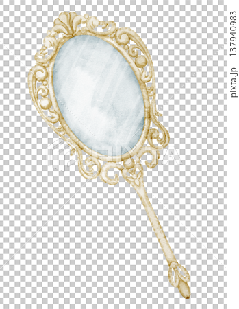 Mirror watercolor illustration. Art of ornate hand accessory with oval glass and carved vintage frame, decorative handle and antique style. Element on isolated background for beauty design. 137940983