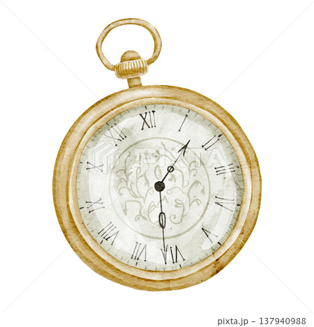 Watch watercolor illustration of vintage pocket watch with roman numerals, gold case and decorative dial. Antique timepiece on isolated background for luxury design, retro decor, branding. Watch watercolor illustration of vintage pocket watch with roman numerals, gold case and decorative dial. Antique timepiece on isolated background for luxury design, retro decor, branding. 137940988