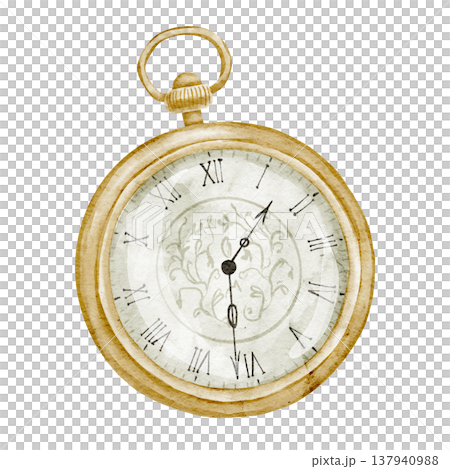 Watch watercolor illustration of vintage pocket watch with roman numerals, gold case and decorative dial. Antique timepiece on isolated background for luxury design, retro decor, branding. Watch watercolor illustration of vintage pocket watch with roman numerals, gold case and decorative dial. Antique timepiece on isolated background for luxury design, retro decor, branding. 137940988