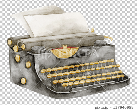 Typewriter watercolor illustration of vintage typing machine with round keys and paper sheet, classic writing device. Retro office object on isolated background for editorial design. Typewriter watercolor illustration of vintage typing machine with round keys and paper sheet, classic writing device. Retro office object on isolated background for editorial design. 137940989