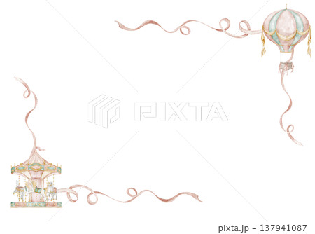 Amusement park watercolor frame. lustration with Carousel, hot air Balloon, ribbon elements. Template for children posters, nursery decor, baby shower invitations, greeting cards and party design. 137941087