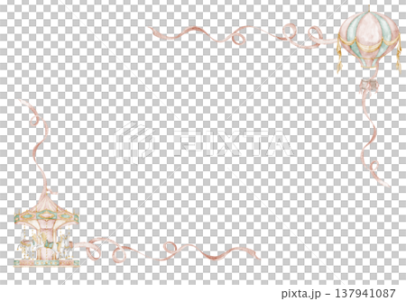 Amusement park watercolor frame. lustration with Carousel, hot air Balloon, ribbon elements. Template for children posters, nursery decor, baby shower invitations, greeting cards and party design. 137941087