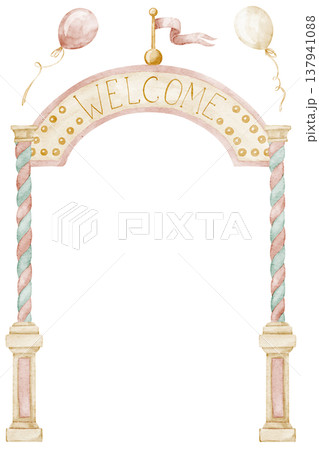 Carnival entrance arch frame watercolor illustration with decorative border on isolated background. Template for children posters, invitations, nursery decor, greeting cards and party stationery. 137941088