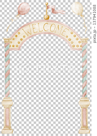 Carnival entrance arch frame watercolor illustration with decorative border on isolated background. Template for children posters, invitations, nursery decor, greeting cards and party stationery. 137941088