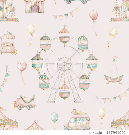 Amusement park seamless watercolor pattern with Ferris wheel, balloons and carnival elements in gentle pastel palette. Fair background for nursery wallpaper, baby textiles, and party design. Amusement park seamless watercolor pattern with Ferris wheel, balloons and carnival elements in gentle pastel palette. Fair background for nursery wallpaper, baby textiles, and party design. 137941092