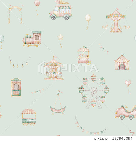 Amusement park watercolor seamless pattern with Ferris whale and Carousel in soft pastel colors. Cute background with fair and attractions for nursery wallpaper, kids textiles, wrapping paper. Amusement park watercolor seamless pattern with Ferris whale and Carousel in soft pastel colors. Cute background with fair and attractions for nursery wallpaper, kids textiles, wrapping paper. 137941094