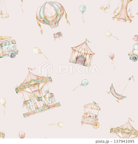 Amusement park seamless watercolor pattern with Ferris wheel, carousel, balloons and carnival elements in soft pastel colors. Nursery design for kids textiles, wallpapers, wrapping paper, party design 137941095