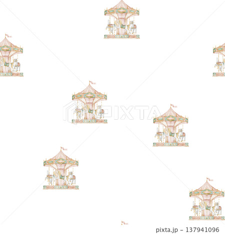Seamless watercolor pattern with Carousel rides and horses in soft pastel colors. Background with merry go round in gentle vintage fairground style for nursery wallpaper, kids textiles, wrapping paper Seamless watercolor pattern with Carousel rides and horses in soft pastel colors. Background with merry go round in gentle vintage fairground style for nursery wallpaper, kids textiles, wrapping paper 137941096
