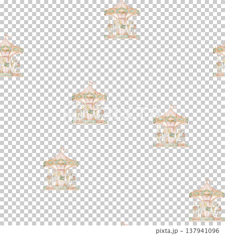 Seamless watercolor pattern with Carousel rides and horses in soft pastel colors. Background with merry go round in gentle vintage fairground style for nursery wallpaper, kids textiles, wrapping paper Seamless watercolor pattern with Carousel rides and horses in soft pastel colors. Background with merry go round in gentle vintage fairground style for nursery wallpaper, kids textiles, wrapping paper 137941096