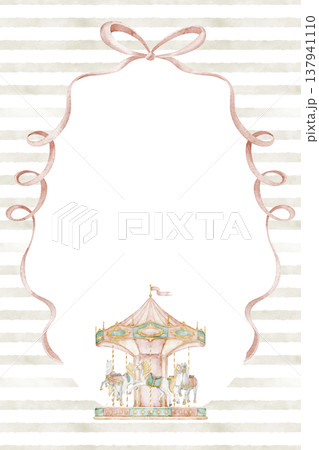 Amusement park watercolor frame with Carousel and ribbons. Illustration with border and striped background. Template with merry go round for nursery wall art, children posters, invitations, greetings. 137941110