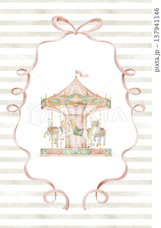 Carousel poster watercolor illustration with amusement park ride and decorative Ribbon frame. Art with merry go round for nursery wall art, children room decor, prints and baby shower invitations. 137941146