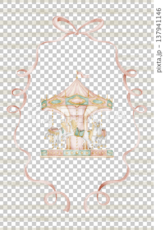 Carousel poster watercolor illustration with amusement park ride and decorative Ribbon frame. Art with merry go round for nursery wall art, children room decor, prints and baby shower invitations. 137941146