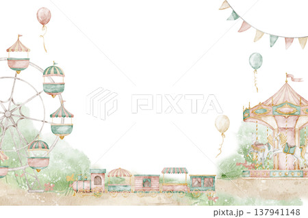 Amusement park watercolor frame. Illustration of carnival scene and decorative border, on isolated background. Template for nursery wall art, children posters, invitations, party greeting cards. 137941148