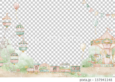 Amusement park watercolor frame. Illustration of carnival scene and decorative border, on isolated background. Template for nursery wall art, children posters, invitations, party greeting cards. Amusement park watercolor frame. Illustration of carnival scene and decorative border, on isolated background. Template for nursery wall art, children posters, invitations, party greeting cards. 137941148
