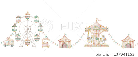 Watercolor border with Amusement park. Seamless pattern with Ferris wheel, carousel, tents and carnival stalls in pastel colors. Vintage fairground scene for kids banners, nursery and party designs. 137941153