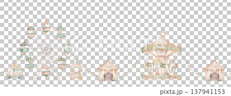 Watercolor border with Amusement park. Seamless pattern with Ferris wheel, carousel, tents and carnival stalls in pastel colors. Vintage fairground scene for kids banners, nursery and party designs. 137941153