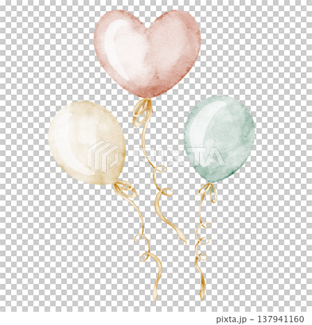 Watercolor balloons illustration in gentle pastel colors. Festive art for children party greeting cards or baby shower invitations. Elements for nursery poster and cheerful celebration. Watercolor balloons illustration in gentle pastel colors. Festive art for children party greeting cards or baby shower invitations. Elements for nursery poster and cheerful celebration. 137941160