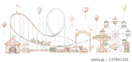 Watercolor Amusement park illustration with rides and Ferris wheel in soft pastel colors. Art with Carousel and carnival train for nursery wall art, children posters, storybook scenes, and fairground. 137941161