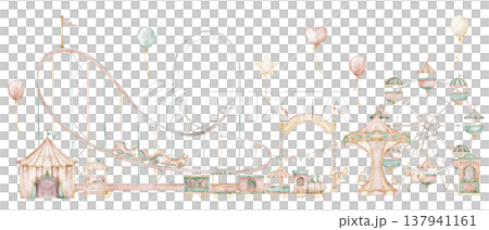 Watercolor Amusement park illustration with rides and Ferris wheel in soft pastel colors. Art with Carousel and carnival train for nursery wall art, children posters, storybook scenes, and fairground. 137941161