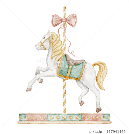 Watercolor Carousel Horse illustration in soft pastel colors. Amusement park element for children greeting cards or baby shower invitations. Art for nursery posters, party designs and fairground. 137941163