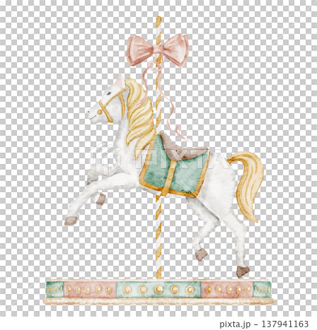 Watercolor Carousel Horse illustration in soft pastel colors. Amusement park element for children greeting cards or baby shower invitations. Art for nursery posters, party designs and fairground. 137941163